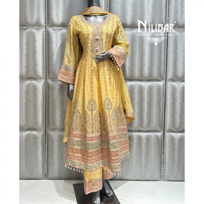 Butterscotch Yellow Chinon Calf Length Anarkali Suit