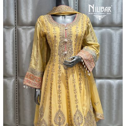 Butterscotch Yellow Chinon Calf Length Anarkali Suit
