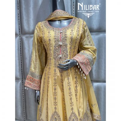 Butterscotch Yellow Chinon Calf Length Anarkali Suit