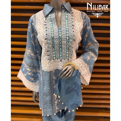 Denim Blue Cotton Top & Pants Paired With Hand Pouch