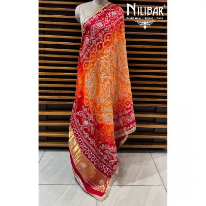 Orange & Red Gaji Silk Bandhani Dupatta