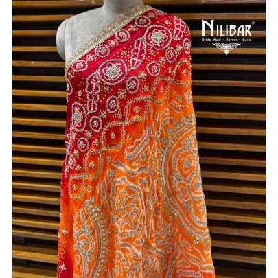 Orange & Red Gaji Silk Bandhani Dupatta