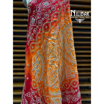 Orange & Red Gaji Silk Bandhani Dupatta