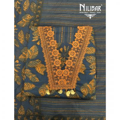 Navy Blue & Brown Cotton Printed Suit