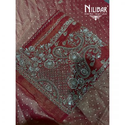 Rust Organza Embroidered Shirt & Dupatta Paired With Crepe Bottom