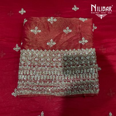 Rust Silk Embroidered Shirt Paired With Chinnon Dupatta & Crepe Bottom