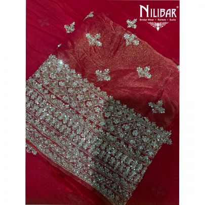 Rust Silk Embroidered Shirt Paired With Chinnon Dupatta & Crepe Bottom