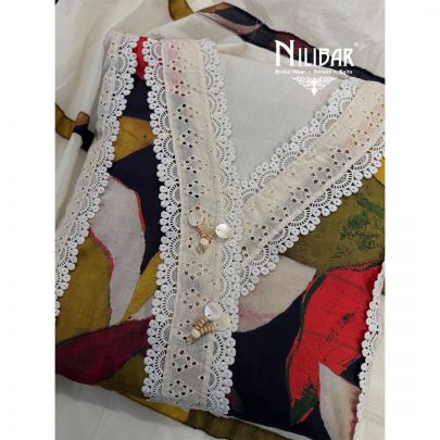 Milky White & Multi Cotton Printed Unstitched Suit