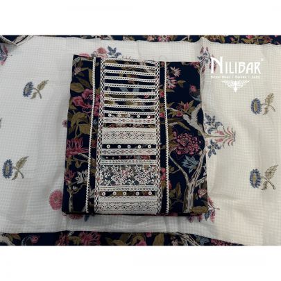 Navy Blue & Milky White Cotton Printed Unstitched Suit