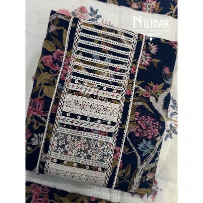 Navy Blue & Milky White Cotton Printed Unstitched Suit