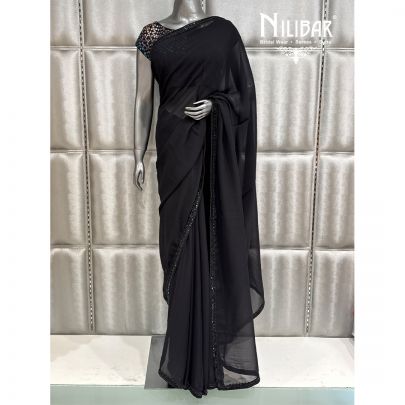 Black Georgette Cutdana Work Boarder Saree