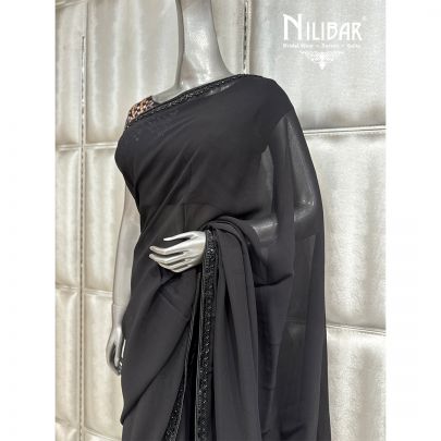 Black Georgette Cutdana Work Boarder Saree