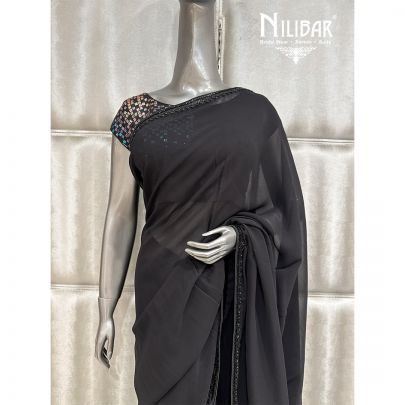 Black Georgette Cutdana Work Boarder Saree