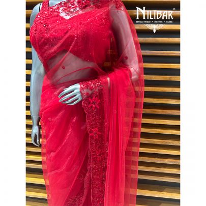 Red Net Saree
