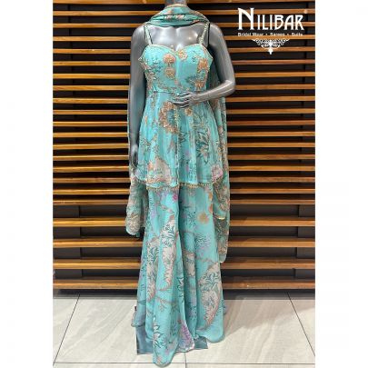 Light Blue Chinon Peplum With Bell Bottoms