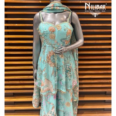 Light Blue Chinon Peplum With Bell Bottoms