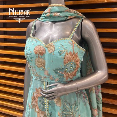 Light Blue Chinon Peplum With Bell Bottoms