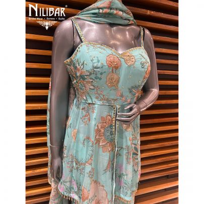 Light Blue Chinon Peplum With Bell Bottoms