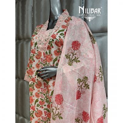 Peach Cotton Long Printed Shirt Paired With Palazzo
