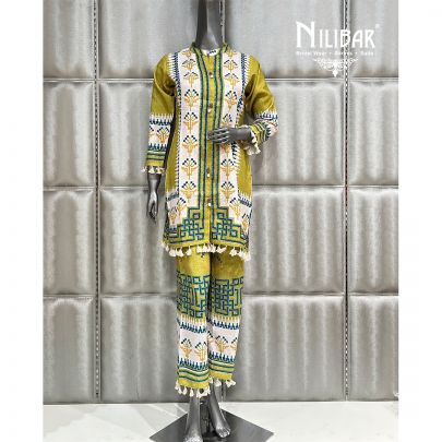 Off White and Parrot Green Cotton Printed Co-ord Set