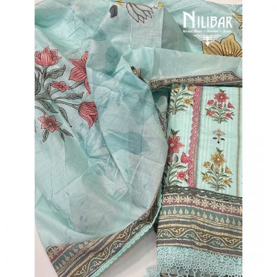 Light Blue Printed Cotton Unstitched Suit