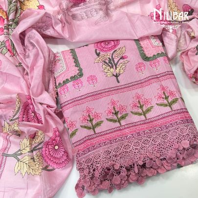 Baby Pink Printed Cotton Unstitched Suit