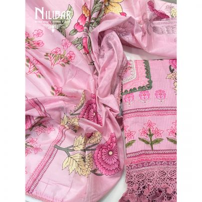 Baby Pink Printed Cotton Unstitched Suit