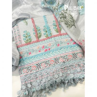 Powder Blue Printed Cotton Unstitched Suit