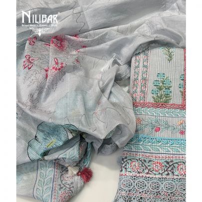 Powder Blue Printed Cotton Unstitched Suit