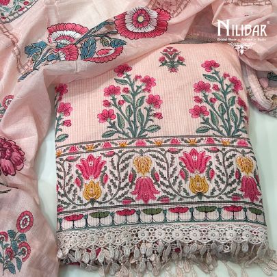 Light Peach Printed Cotton Unstitched Suit