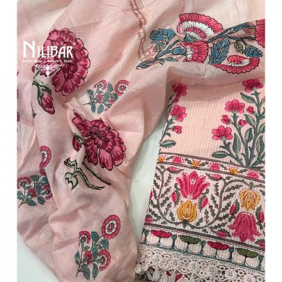 Light Peach Printed Cotton Unstitched Suit