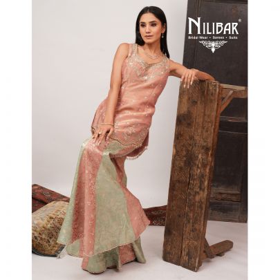 Sea Green & Pink Lamé Silk Panelled Palazzo Suit