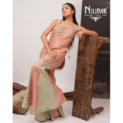 Sea Green & Pink Lamé Silk Panelled Palazzo Suit