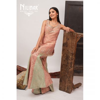 Sea Green & Pink Lamé Silk Panelled Palazzo Suit