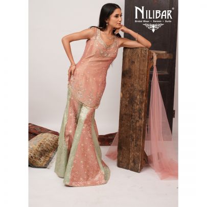 Sea Green & Pink Lamé Silk Panelled Palazzo Suit