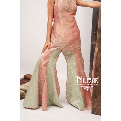 Sea Green & Pink Lamé Silk Panelled Palazzo Suit