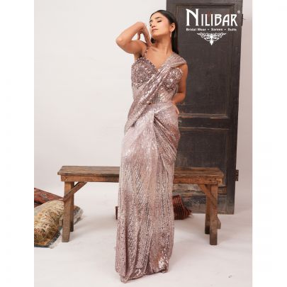 Champagne Pink Net Drape Saree