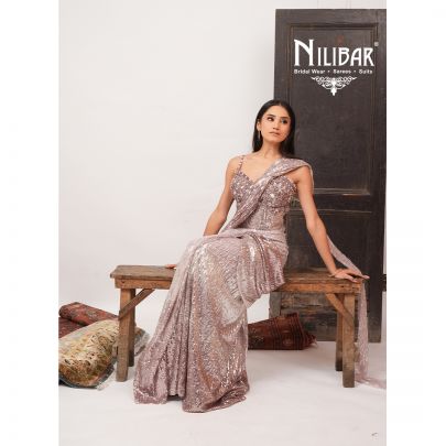 Champagne Pink Net Drape Saree