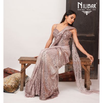 Champagne Pink Net Drape Saree