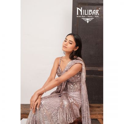 Champagne Pink Net Drape Saree