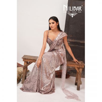 Champagne Pink Net Drape Saree