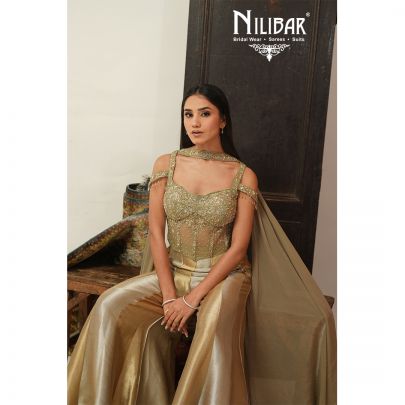 Green & Gold Net Indo-Western Set