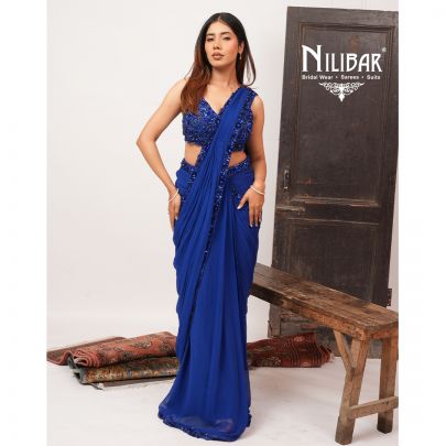 Ink Blue Georgette Drape Saree