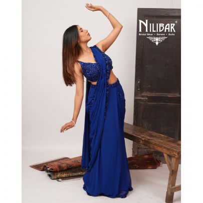 Ink Blue Georgette Drape Saree