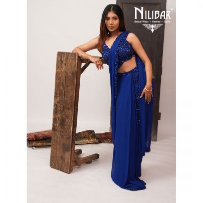 Ink Blue Georgette Drape Saree