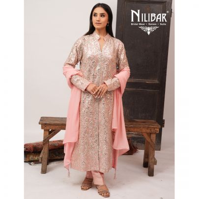 Pink Georgette Straight Top Paired With Crepe Bottom and Dupatta