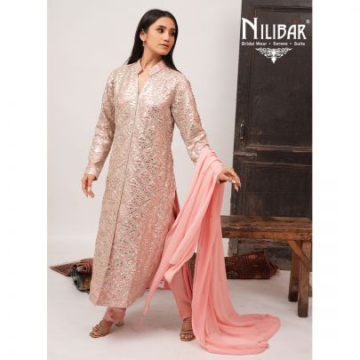 Pink Georgette Straight Top Paired With Crepe Bottom and Dupatta