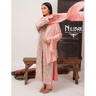 Pink Georgette Straight Top Paired With Crepe Bottom and Dupatta