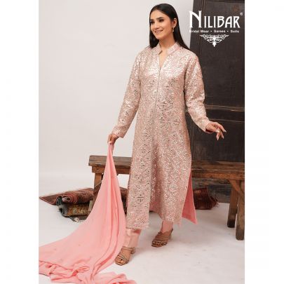 Pink Georgette Straight Top Paired With Crepe Bottom and Dupatta