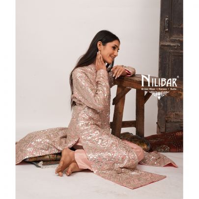 Pink Georgette Straight Top Paired With Crepe Bottom and Dupatta